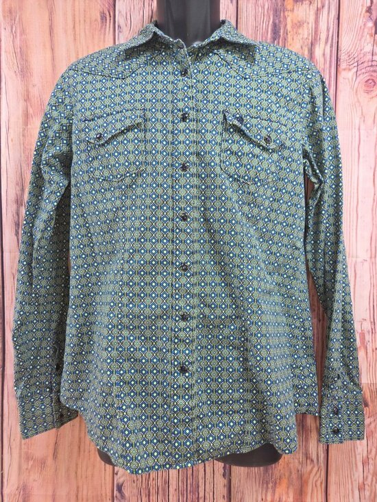 Cinch Tops - Cinch Womens Long Sleeve Diamond Print Western Shirt Medium Blue/Green